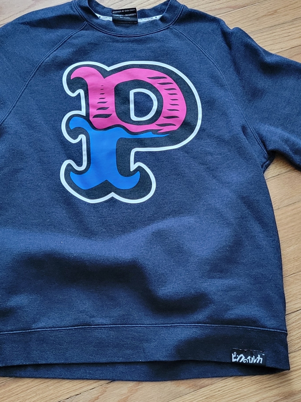 Vintage Promo Pink Dolphin Navy Crewneck Sweatshirt with Pink & Blue 'P' Graphic